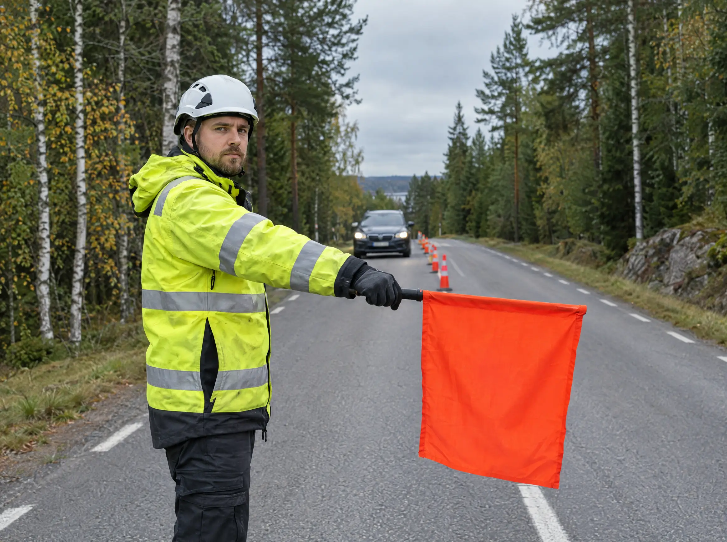 Flaggvakt i varselkläder stoppar trafiken med en röd flagga på en landsväg
