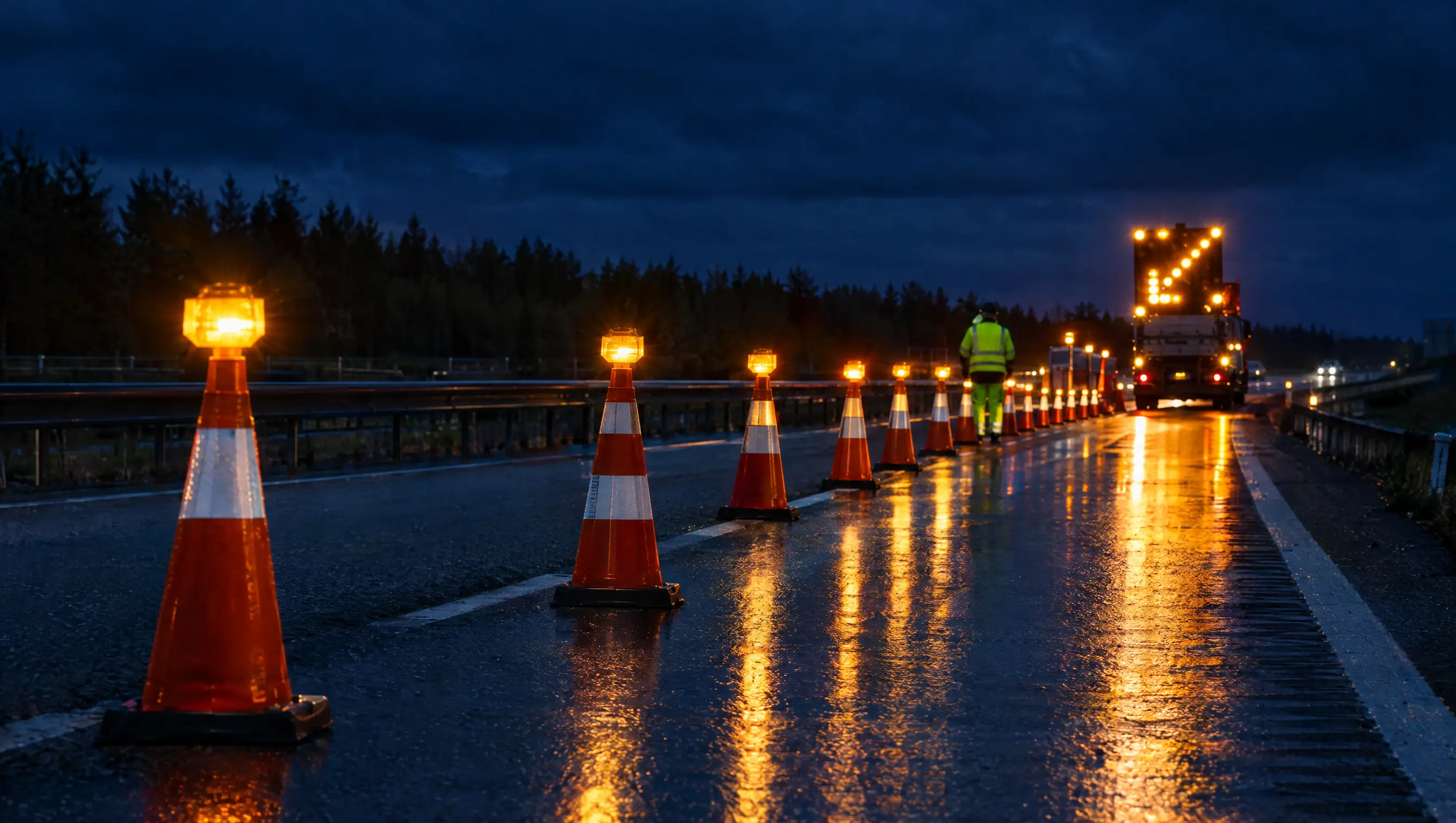 Vägarbete på motorväg nattetid med koner och varningsljus