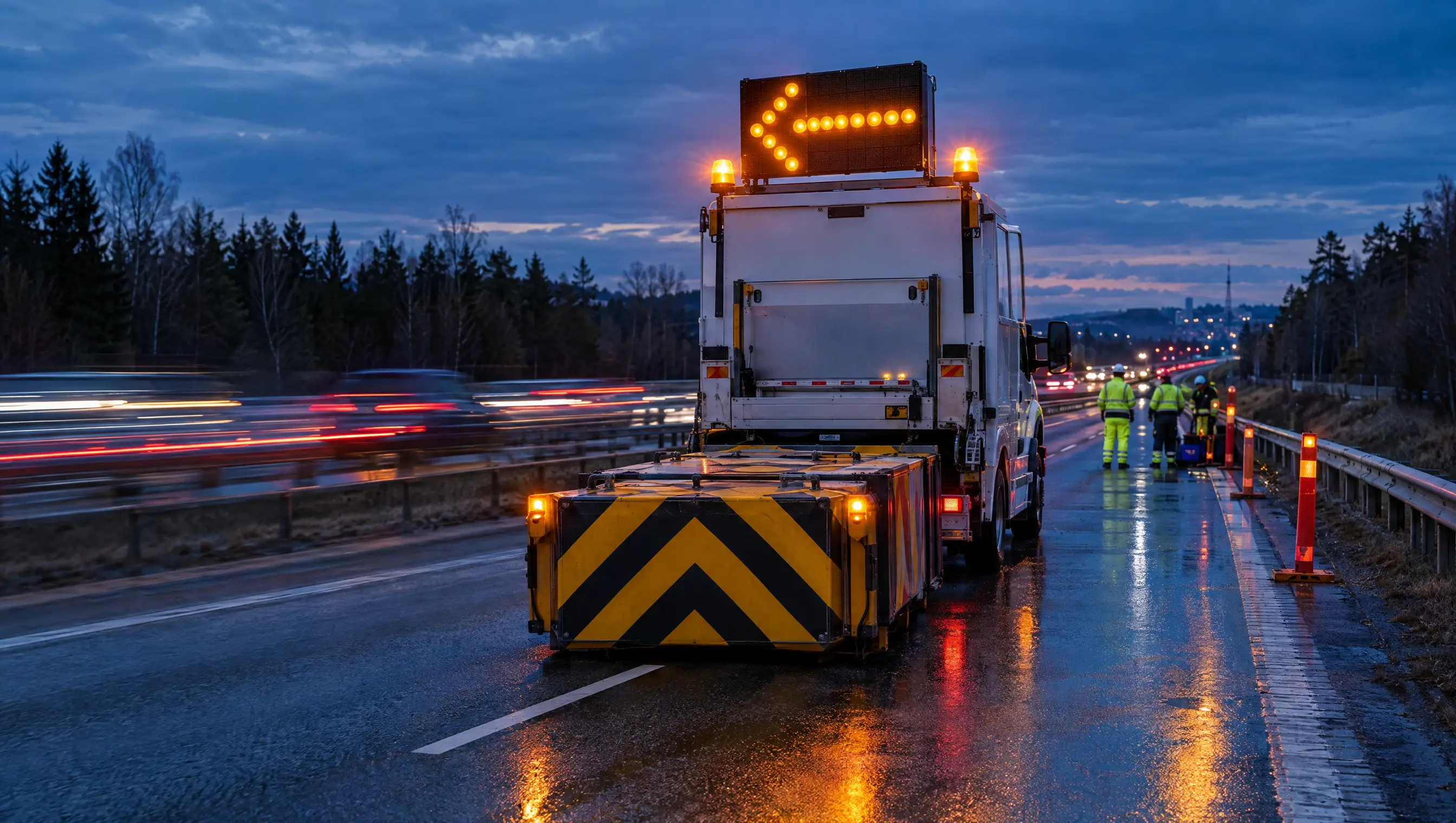 TMA-bil med krockskydd och tänd pilskylt skyddar ett vägarbete på motorväg i skymningen